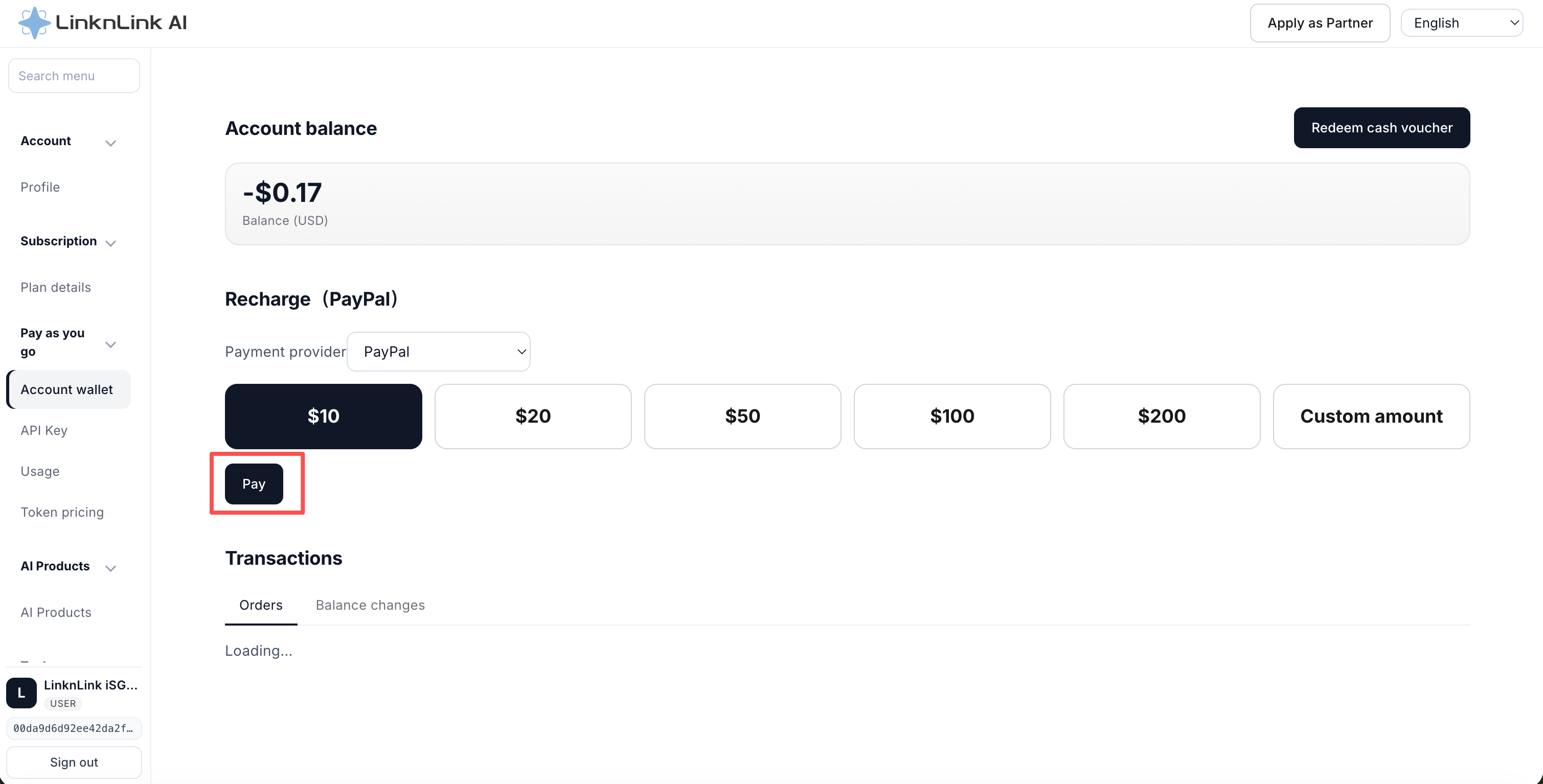 Account wallet recharge dialog with PayPal amounts