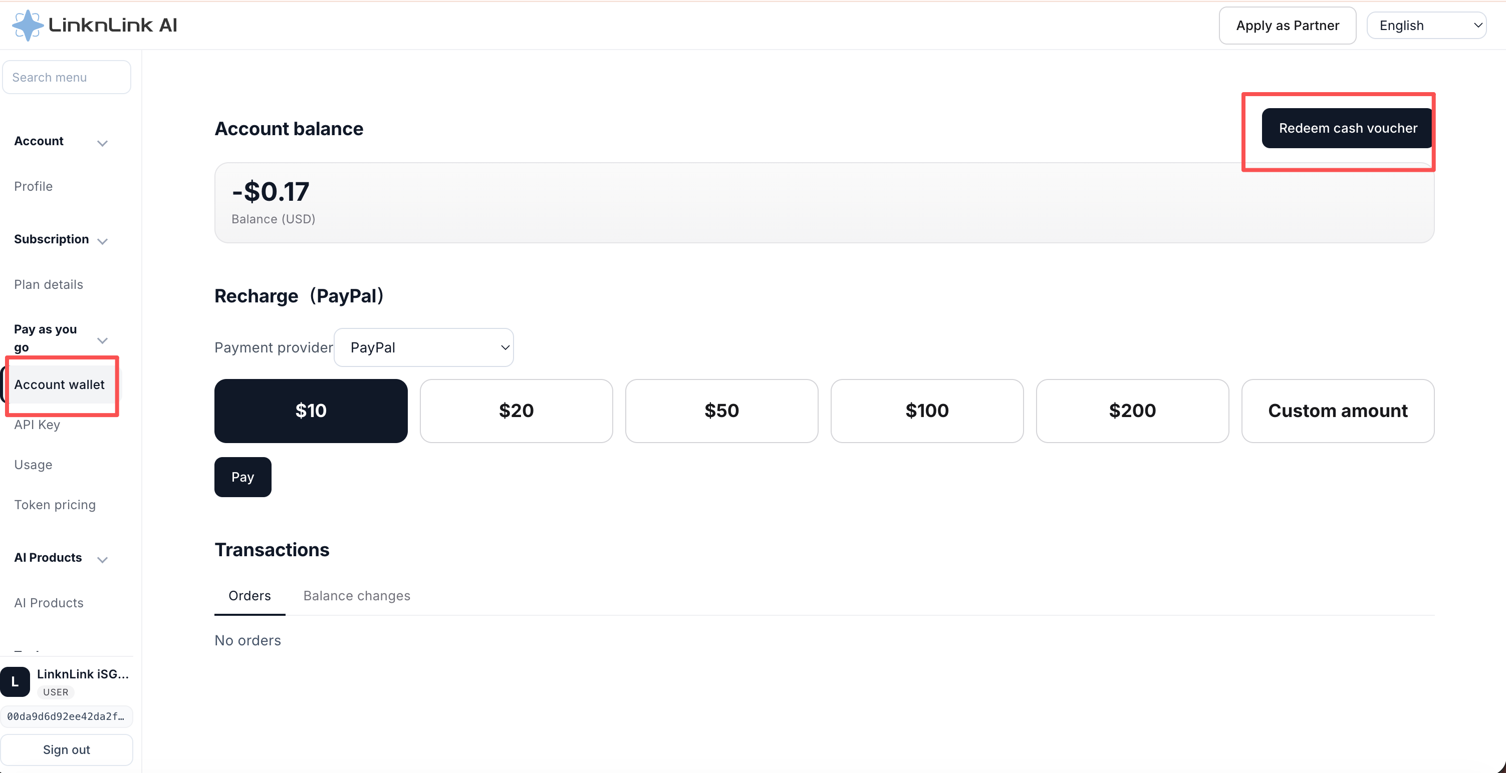 Account wallet with the redeem cash voucher button