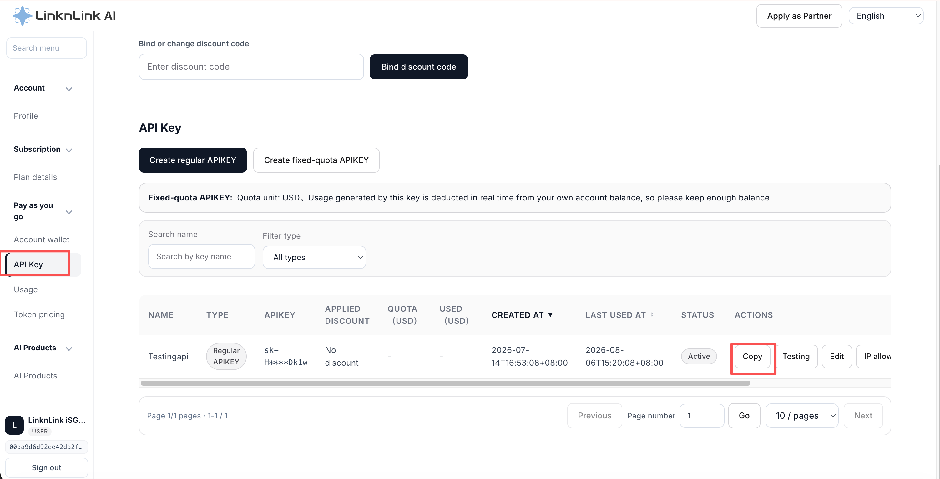API Key list with the copy action highlighted