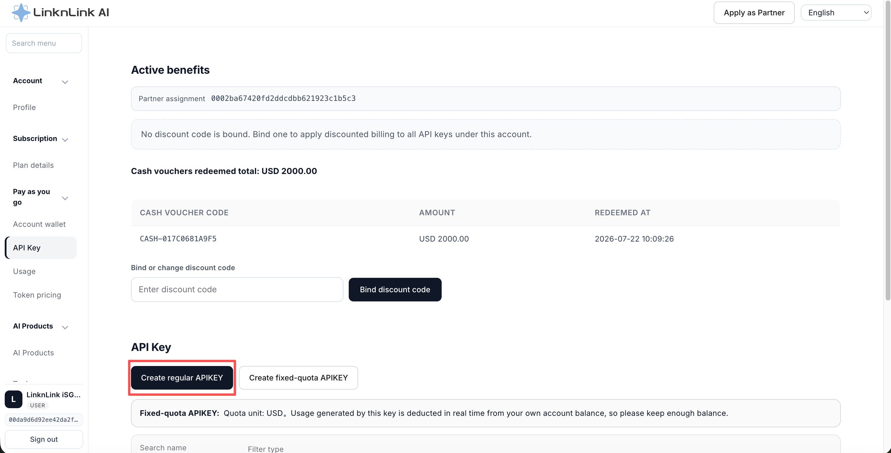 API Key page with the create regular APIKEY button
